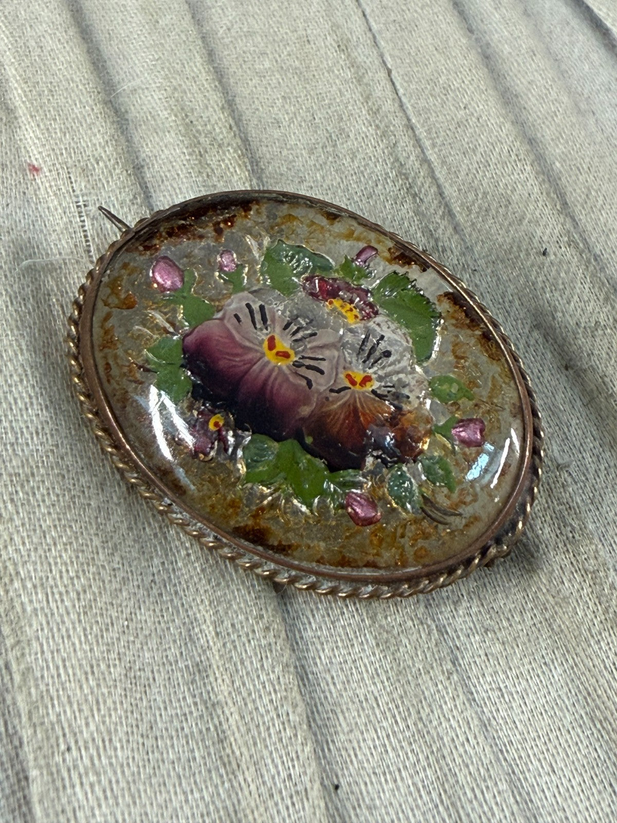 Antique Goofus Glass Pansy Brooch Floral Oval Gold Tone Painted Victorian