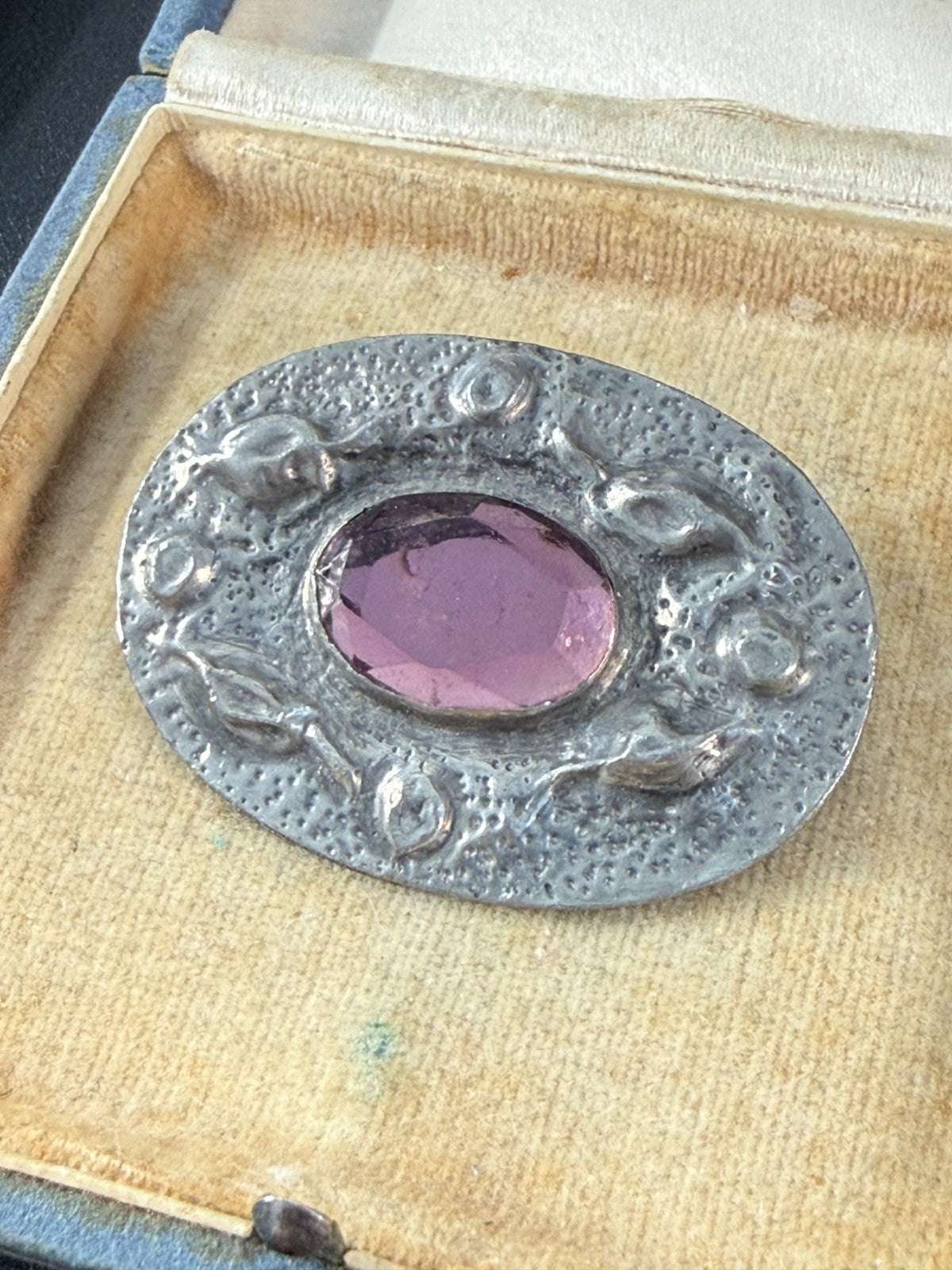 Vintage Ruskin Style Oval Brooch Arts & Crafts Pewter Purple Glass Oval Pin