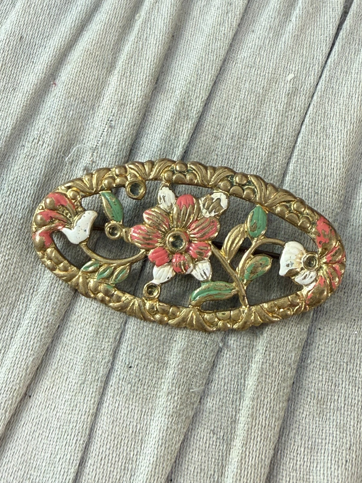 Vintage Art Deco Flower Brooch Gold Tone Oval Pin Brass Painted 1930s 1940s