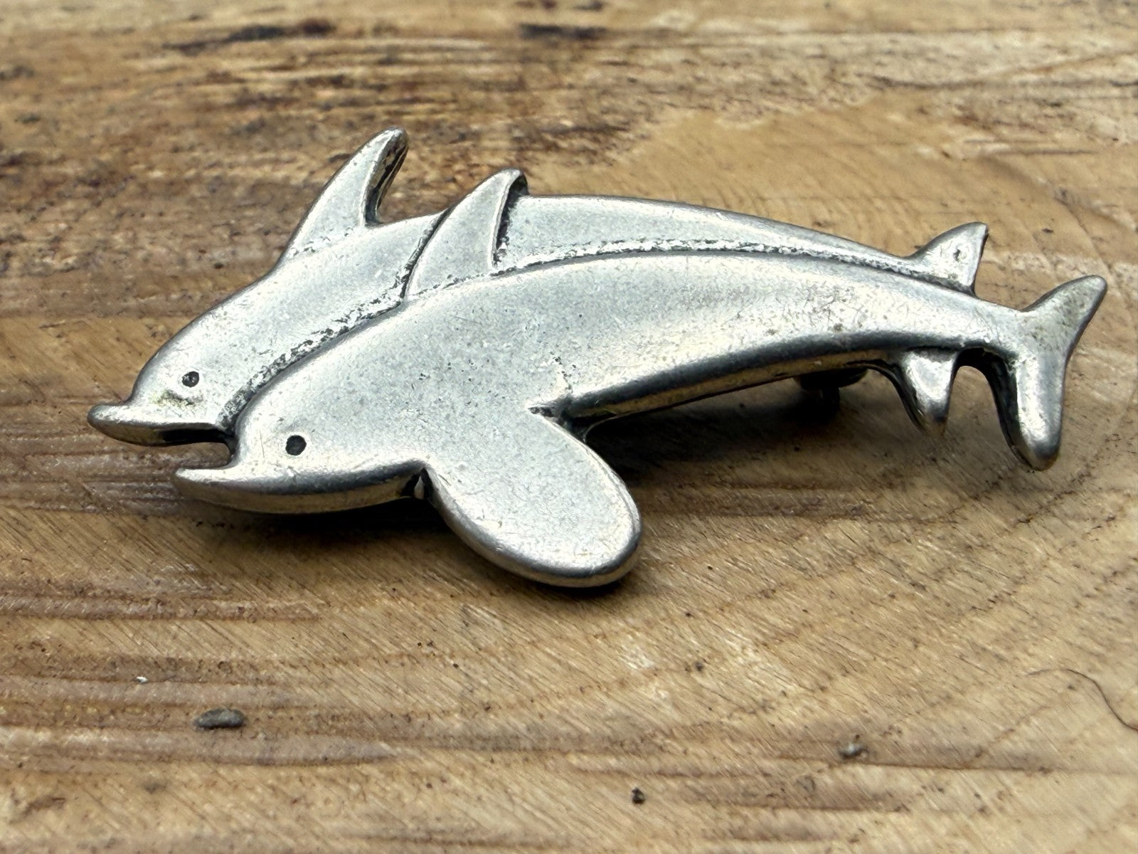 Vintage Pewter Dolphin Brooch Pin Silver Tone Pin Sealife Pair Animal Jumping
