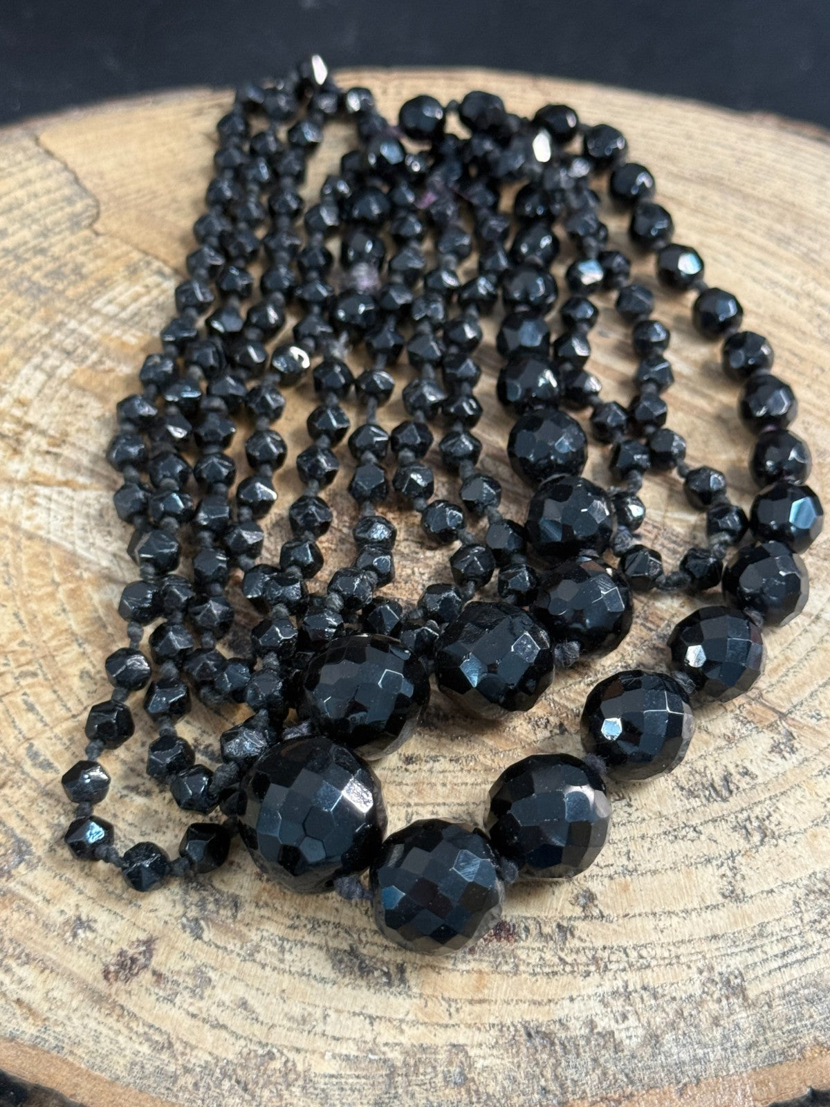 Antique Black Glass Beaded Necklace French Jet Faceted Graduating Victorian