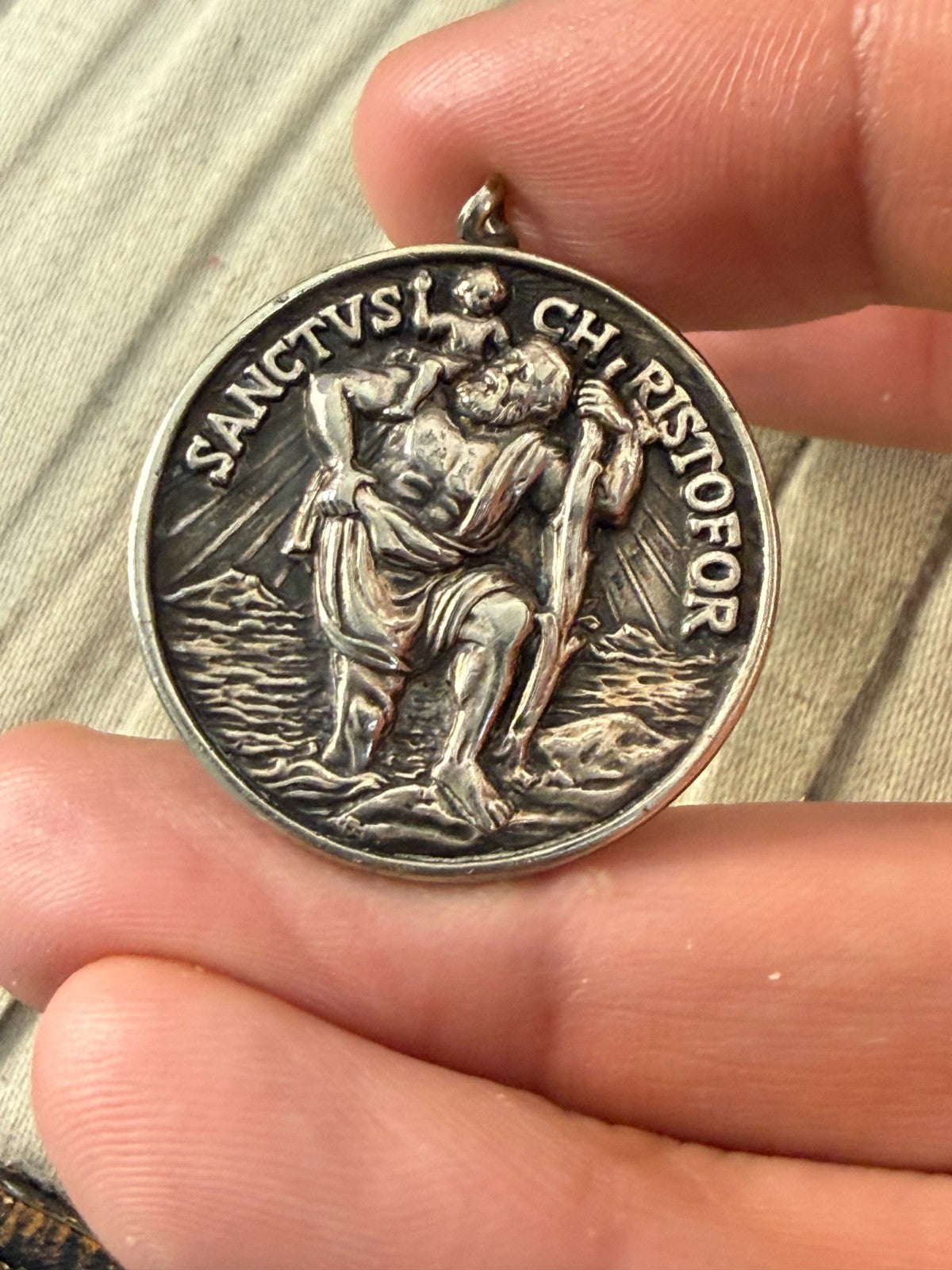 Vintage St Christopher Medal Pendant Silver Tone Sanctus Christofor Inscribed