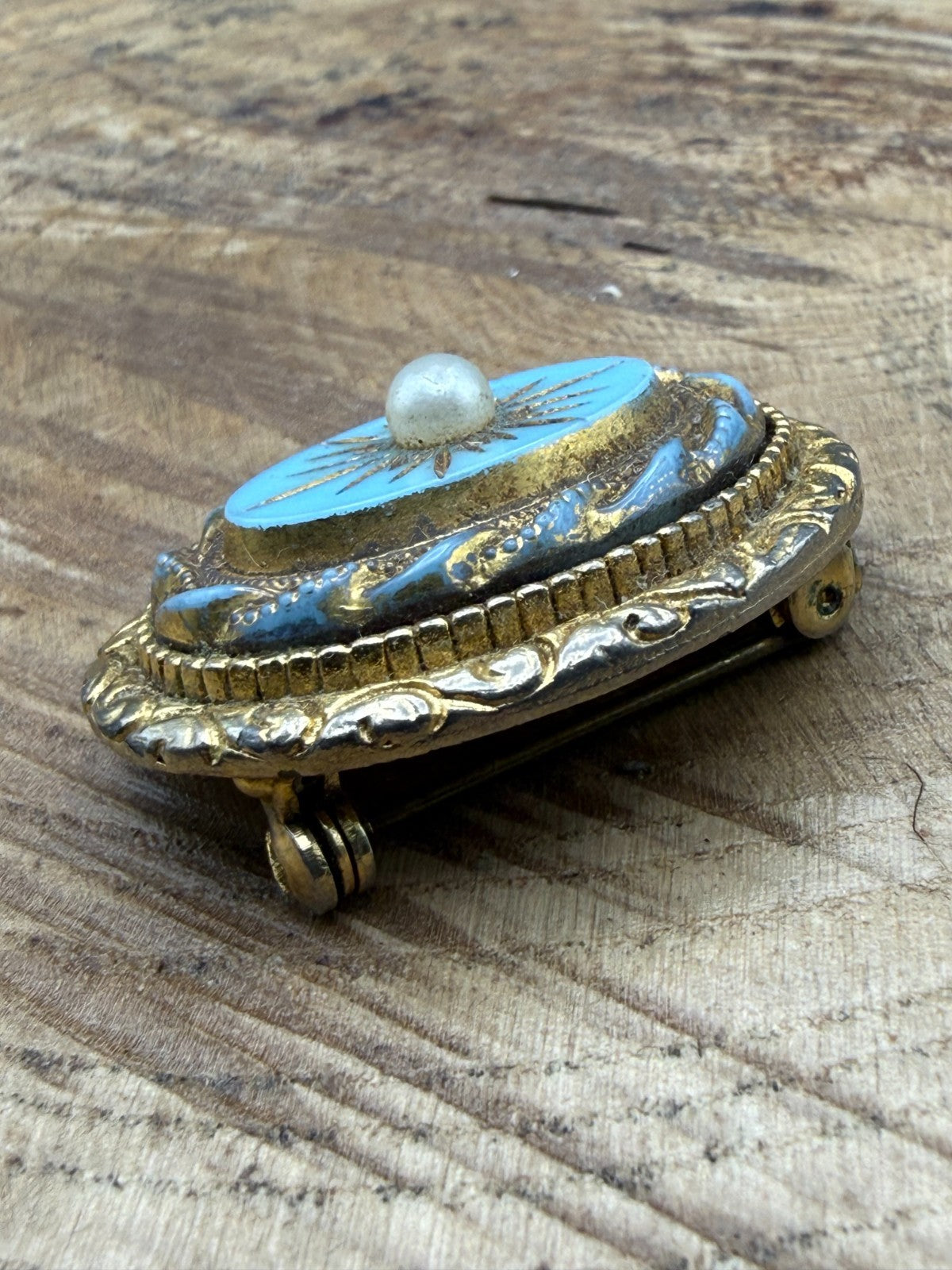 Vintage Etruscan Revival Brooch Turquoise Glass Faux Pearl Starburst Pin