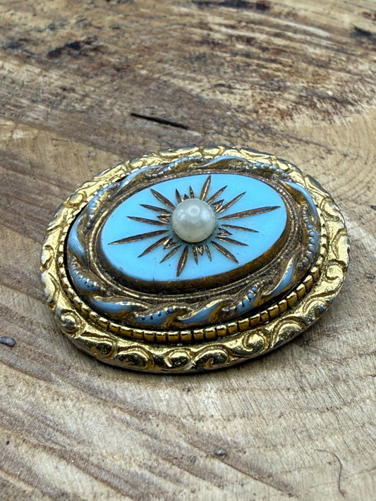 Vintage Etruscan Revival Brooch Turquoise Glass Faux Pearl Starburst Pin