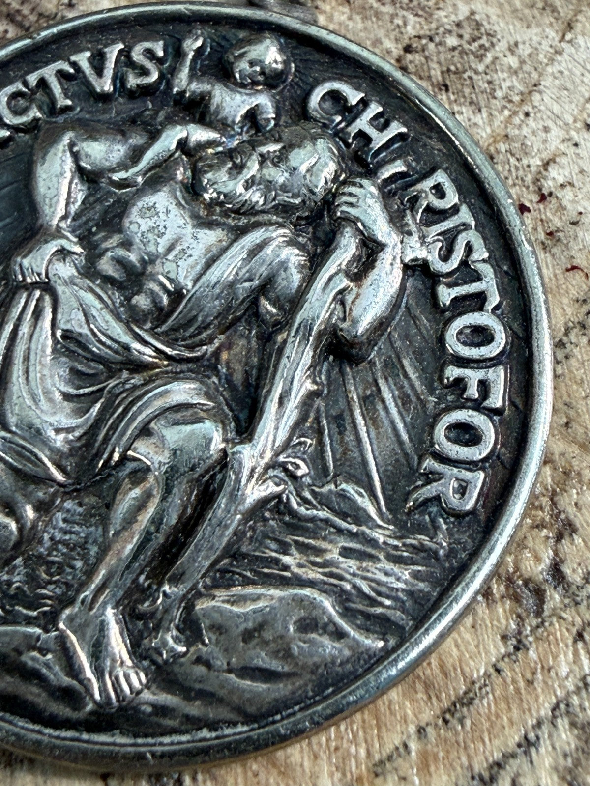 Vintage St Christopher Medal Pendant Silver Tone Sanctus Christofor Inscribed
