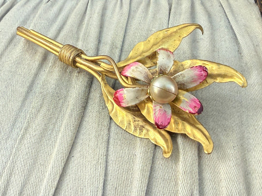 Vintage Orchid Spray Brooch Cold Painted Faux Pearl Floral Mid Century Gold Tone