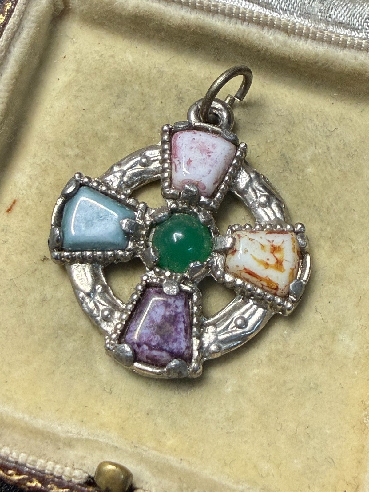 Vintage Celtic Cross Pendant Silver Tone Faux Agate Pebble Glass Colourful