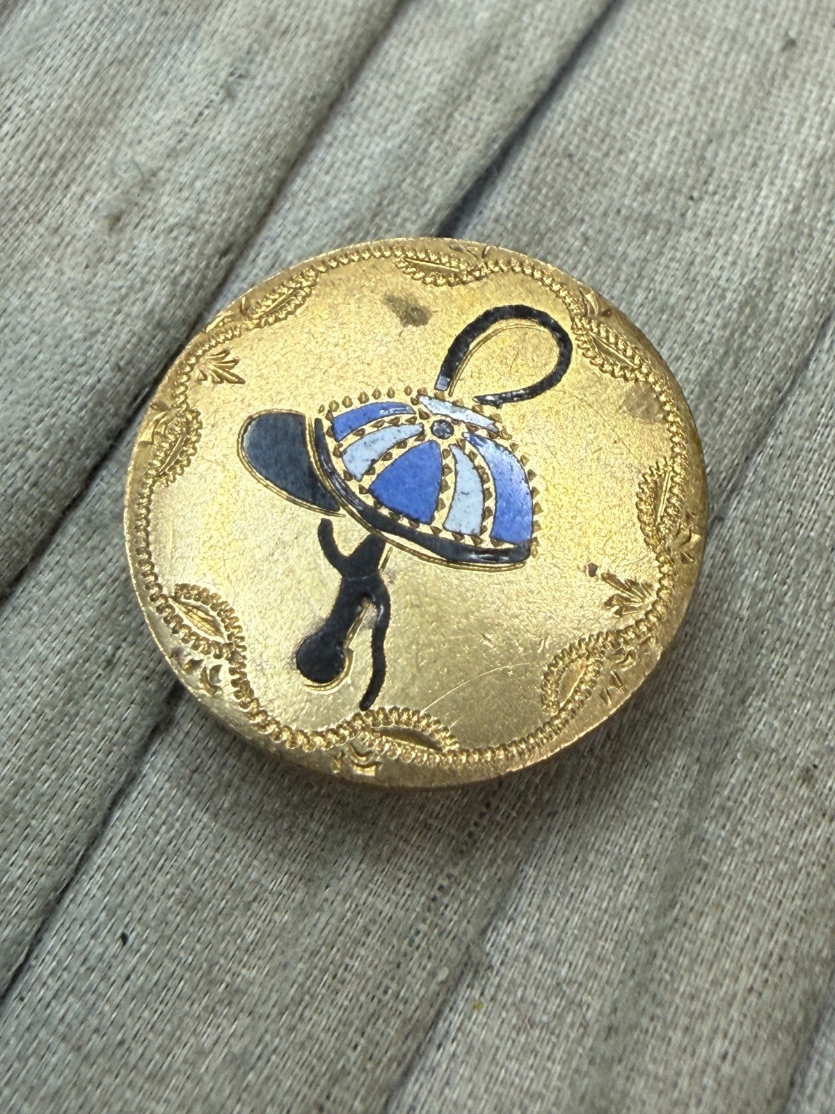 Antique Horse Racing Enamel Lapel Pin Jockey Cap Blue White Equestrian Whip