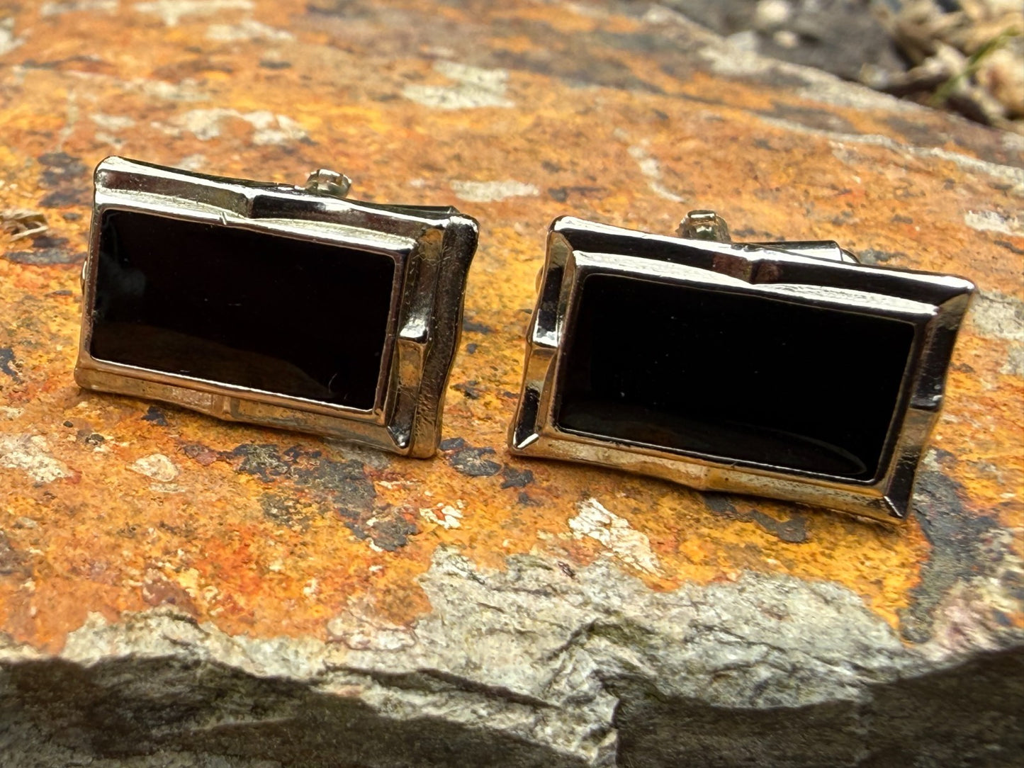 Vintage Black Glass Panel Cufflinks Pale Tone Fancy Retro Mens Gents