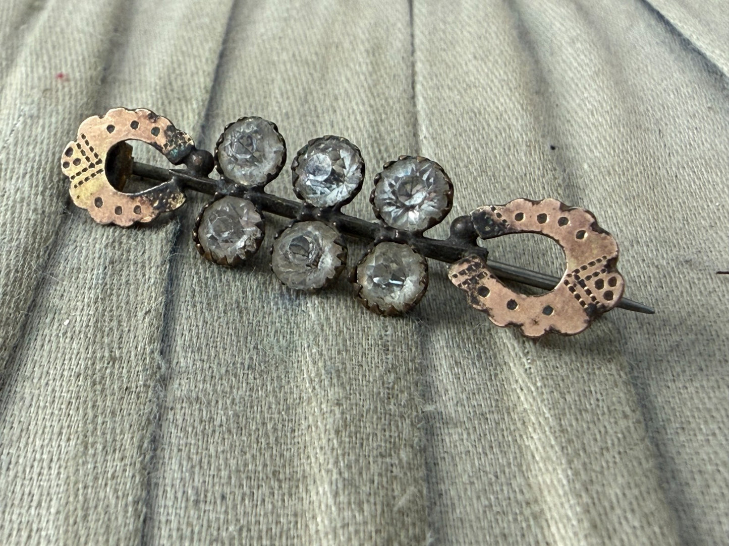 Antique Edwardian Paste Bar Brooch Lucky Horseshoe Pin Rose Gold Rhinestone
