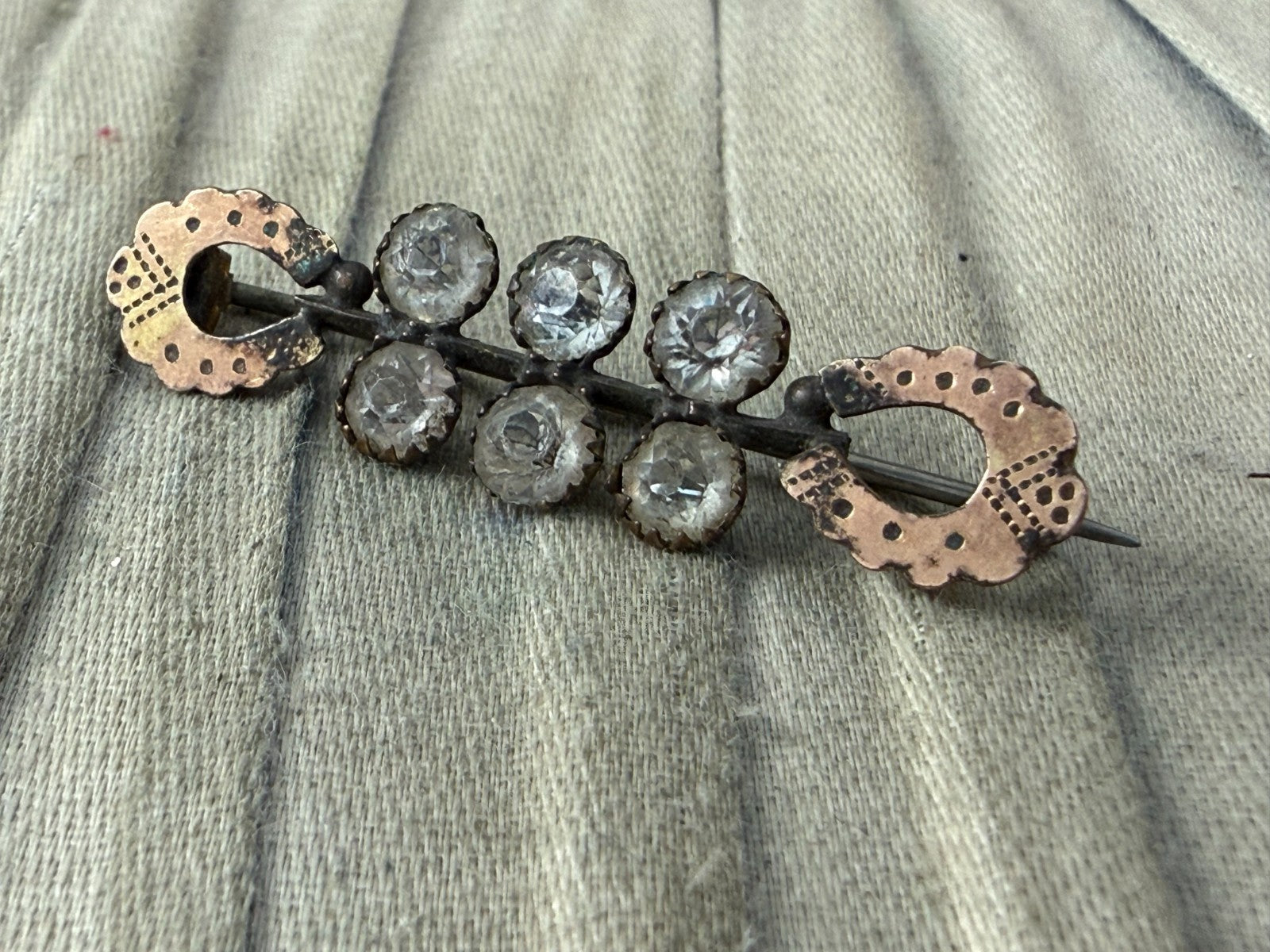 Antique Edwardian Paste Bar Brooch Lucky Horseshoe Pin Rose Gold Rhinestone