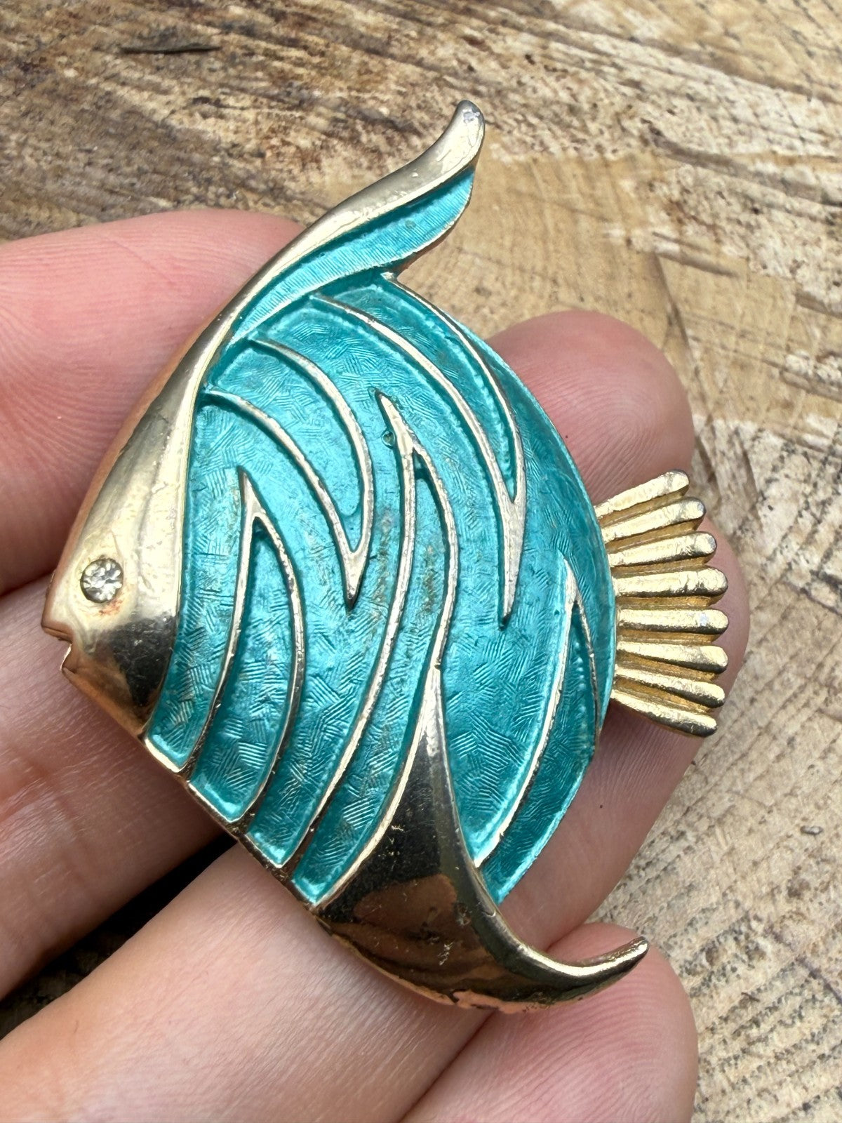 Vintage Pastelli Angel Fish Brooch Gold Tone Turquoise Pin Tropical Sealife
