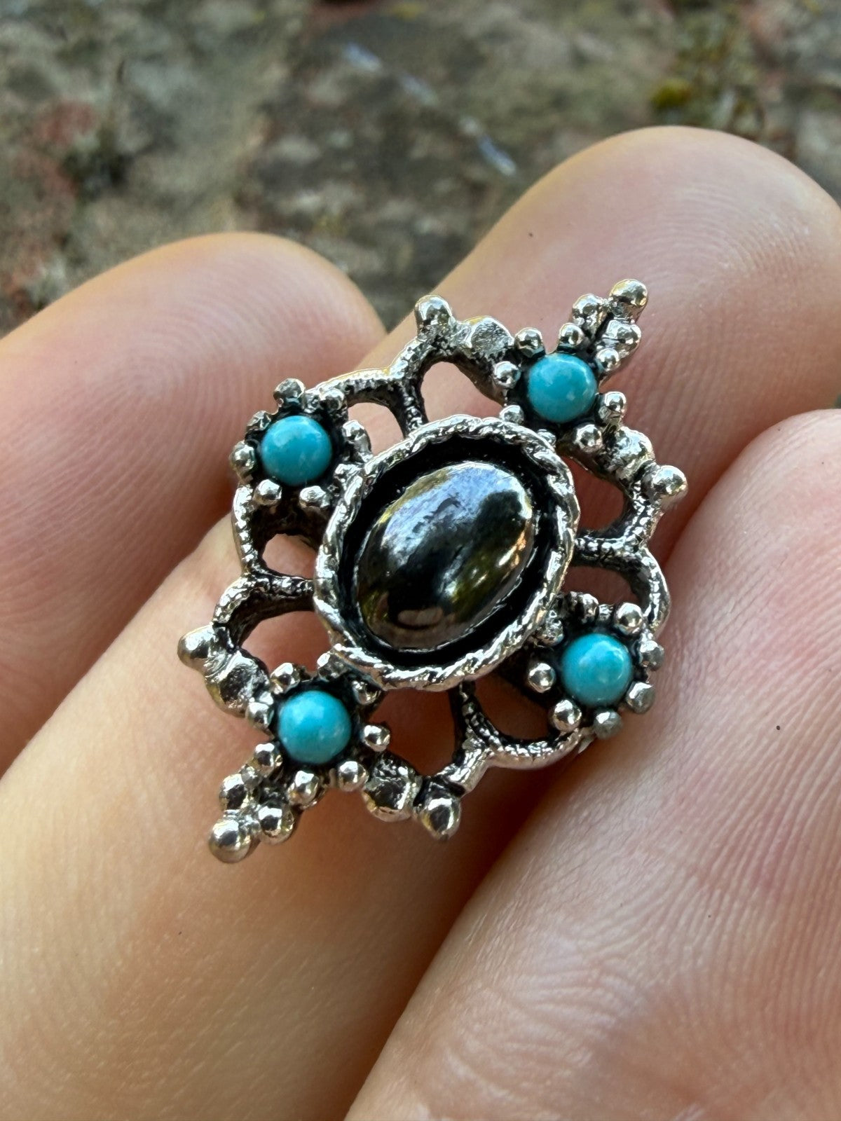 Vintage AVON Mirabella Ring Hematite Faux Turquoise Silver Tone 1970s Size L