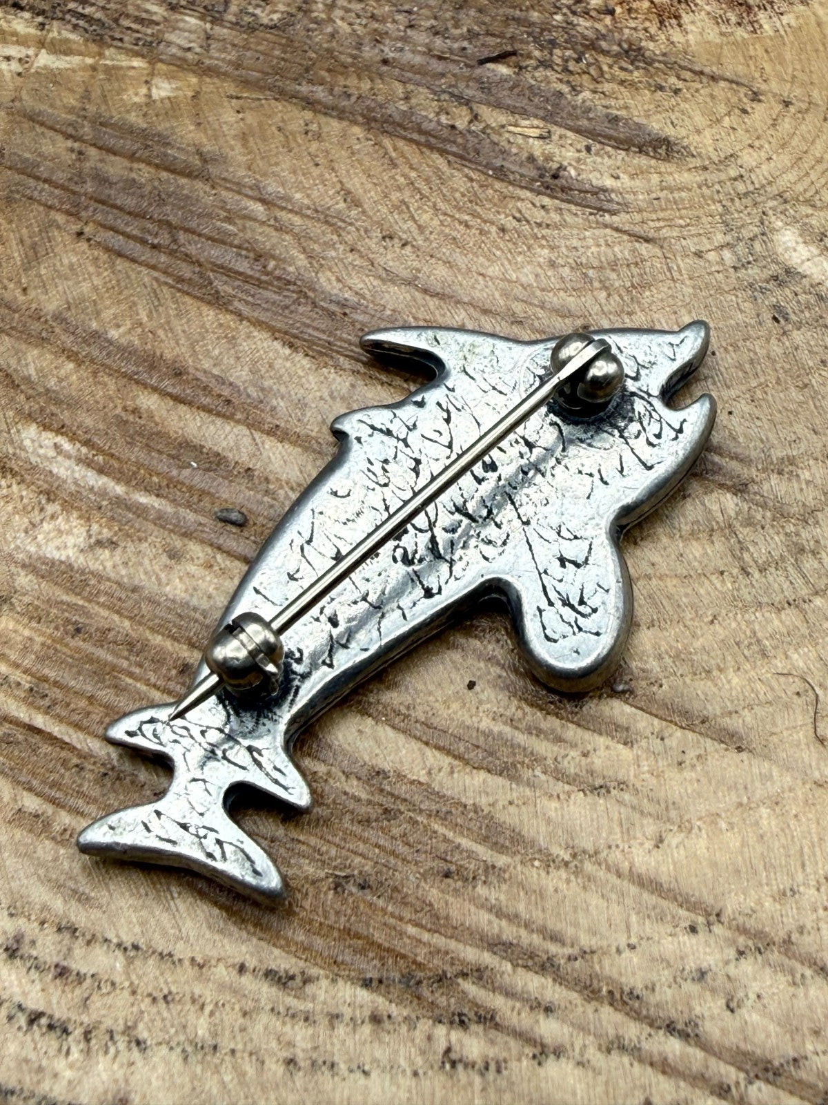 Vintage Pewter Dolphin Brooch Pin Silver Tone Pin Sealife Pair Animal Jumping