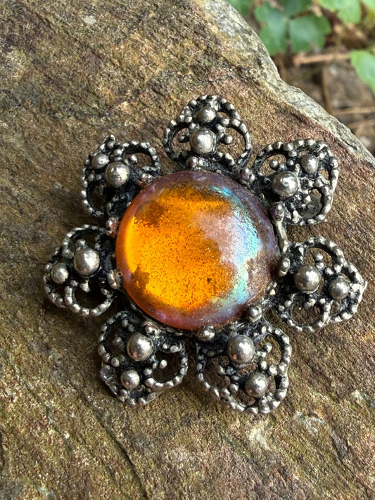 Vintage Flower Brooch Silver Tone Orange Foil Backed Glass Cabochon Floral Pin