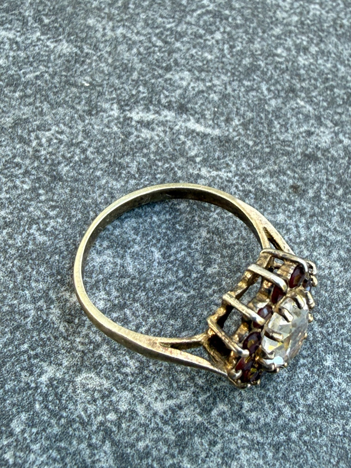 Vintage Silver Milky Quartz Ring Red Glass Rhinestone Cluster Cocktail Size M