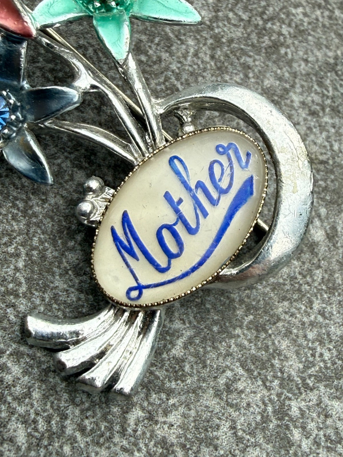 Vintage Mother Brooch Silver Tone Flower Pin Grandmother Mum Mom Colourful