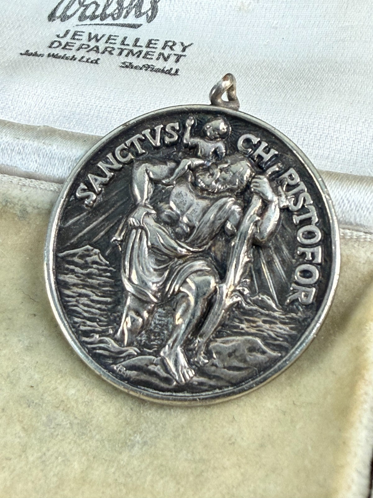Vintage St Christopher Medal Pendant Silver Tone Sanctus Christofor Inscribed