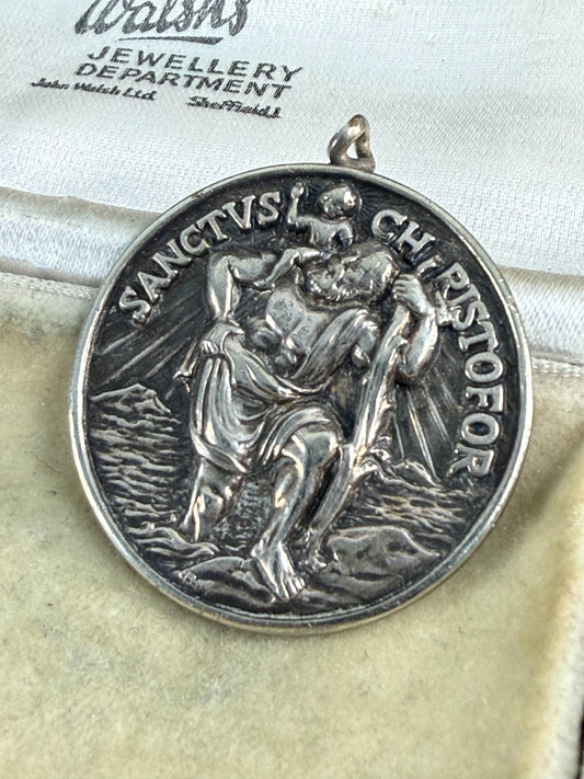 Vintage St Christopher Medal Pendant Silver Tone Sanctus Christofor Inscribed