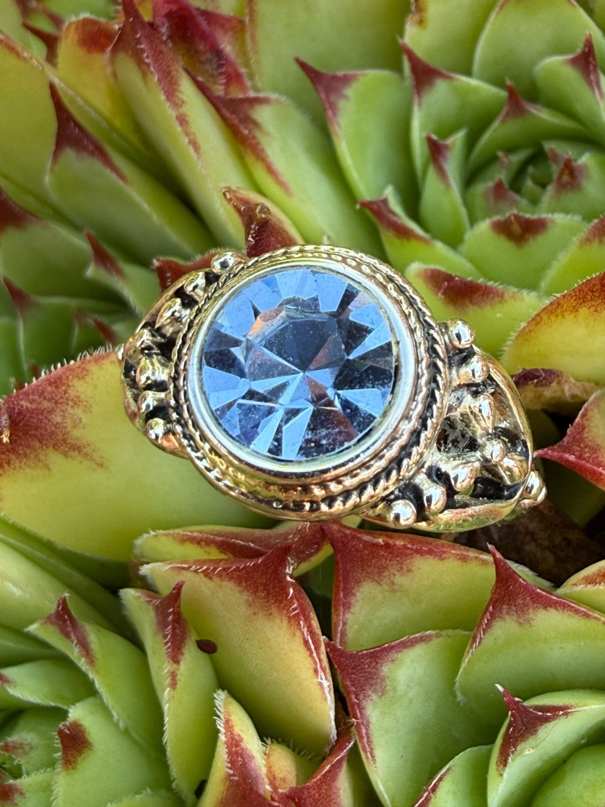 Sparkly Pale Blue Ring Silver Tone Glass Paste Cocktail Statement Size S