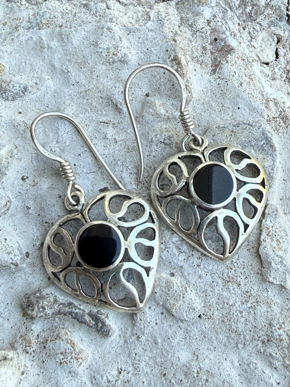 Sterling Silver Heart Earrings Black Onyx Drop Dangle Openwork Love Anniversary