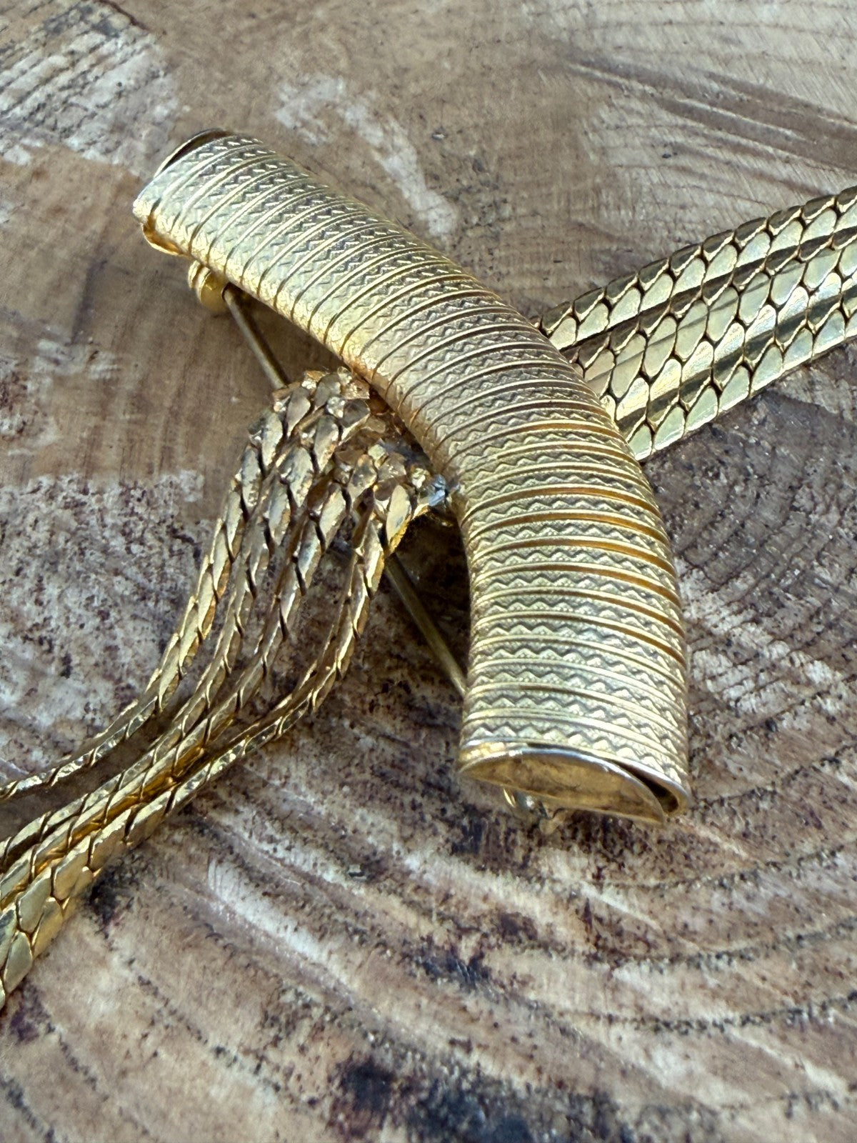 Vintage Gold Tone Snake Chain Tassel Brooch Turquoise Glass Tipped Ends Pin