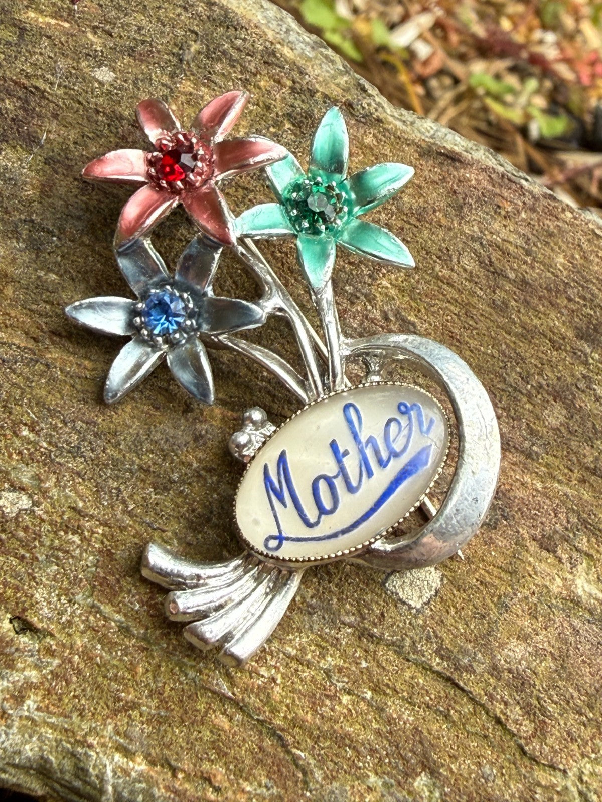 Vintage Mother Brooch Silver Tone Flower Pin Grandmother Mum Mom Colourful