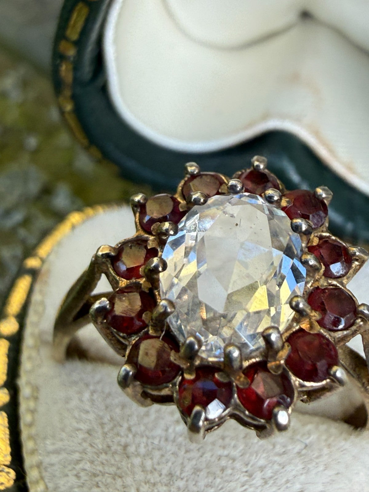 Vintage Silver Milky Quartz Ring Red Glass Rhinestone Cluster Cocktail Size M