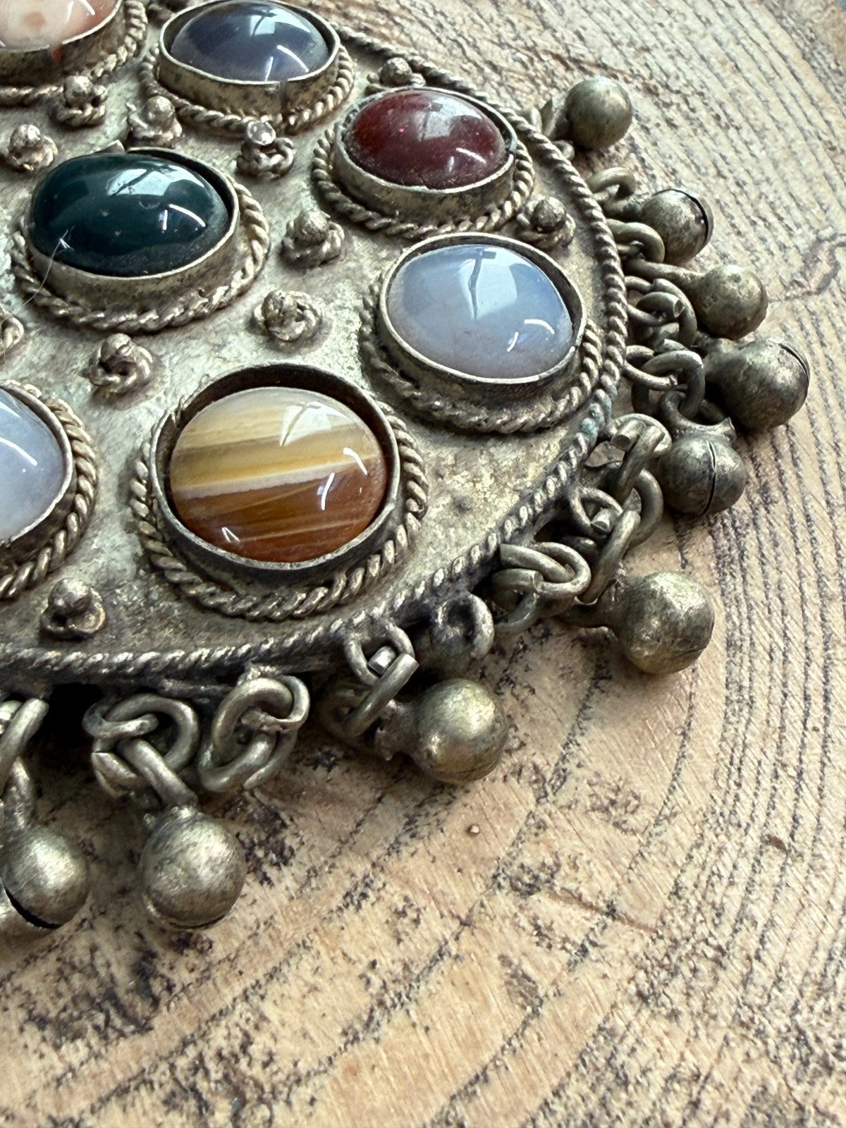 Vintage Tibetan Himalayan Tribal Earrings Agate Silver Tone Bell Drop Dangle