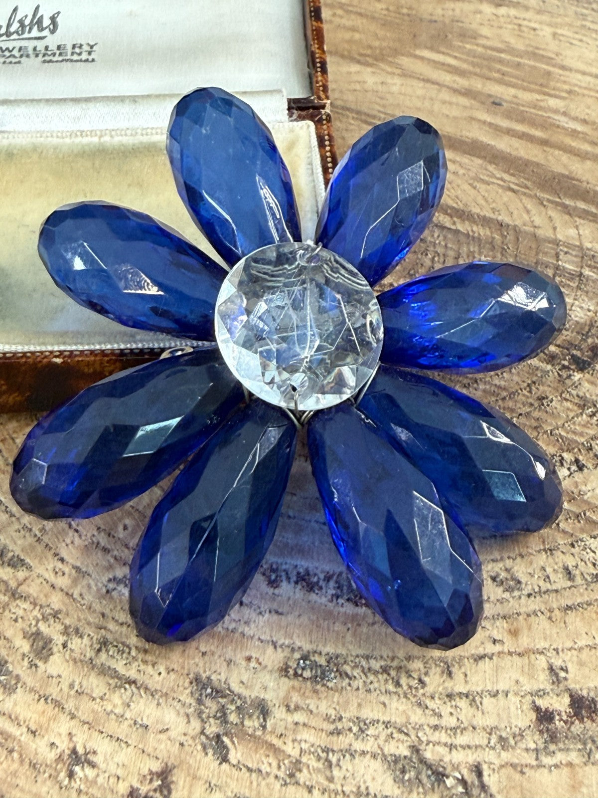 Vintage Cobalt Blue Brooch Faceted Plastic Daisy Flower Statement Pin
