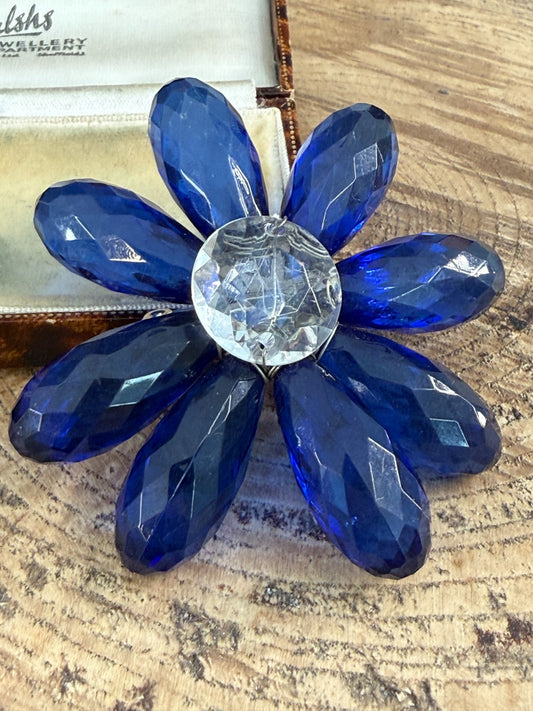 Vintage Cobalt Blue Brooch Faceted Plastic Daisy Flower Statement Pin
