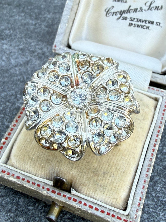 Vintage Silver Plated Flower Ring Rhinestone Cluster Floral Statement Size Q