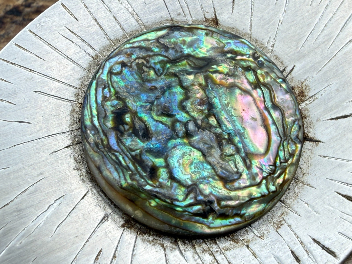 Vintage Modernist Brooch Stainless Steel Peak Sunburst Abalone Shell Pin