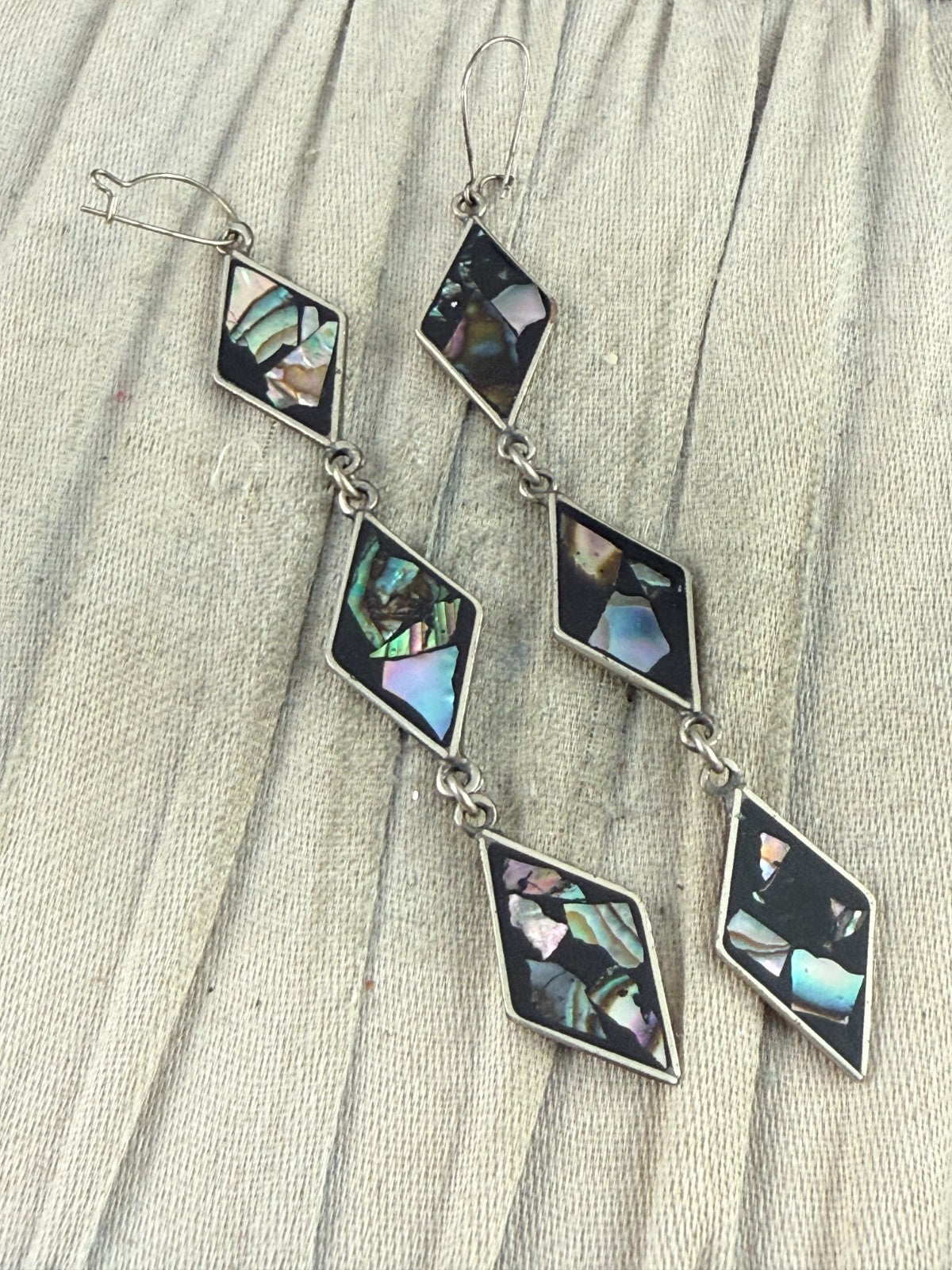 Vintage Silver Tone Abalone Shell Mosaic Drop Earrings Black Diamond Dangle