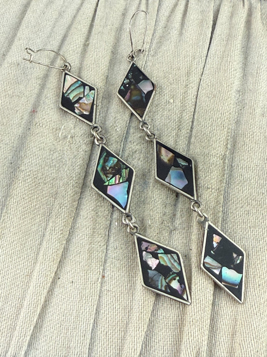 Vintage Silver Tone Abalone Shell Mosaic Drop Earrings Black Diamond Dangle