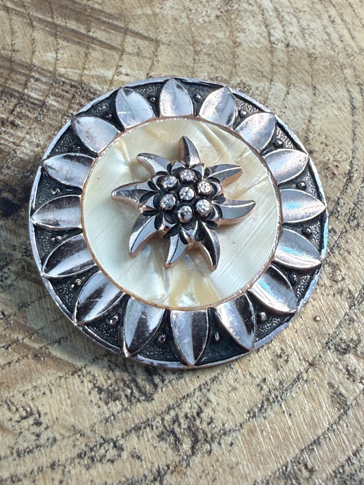 Vintage Edelweiss Scarf Clip Mother of Pearl Rose Gold Tone Alpine Flower Pin