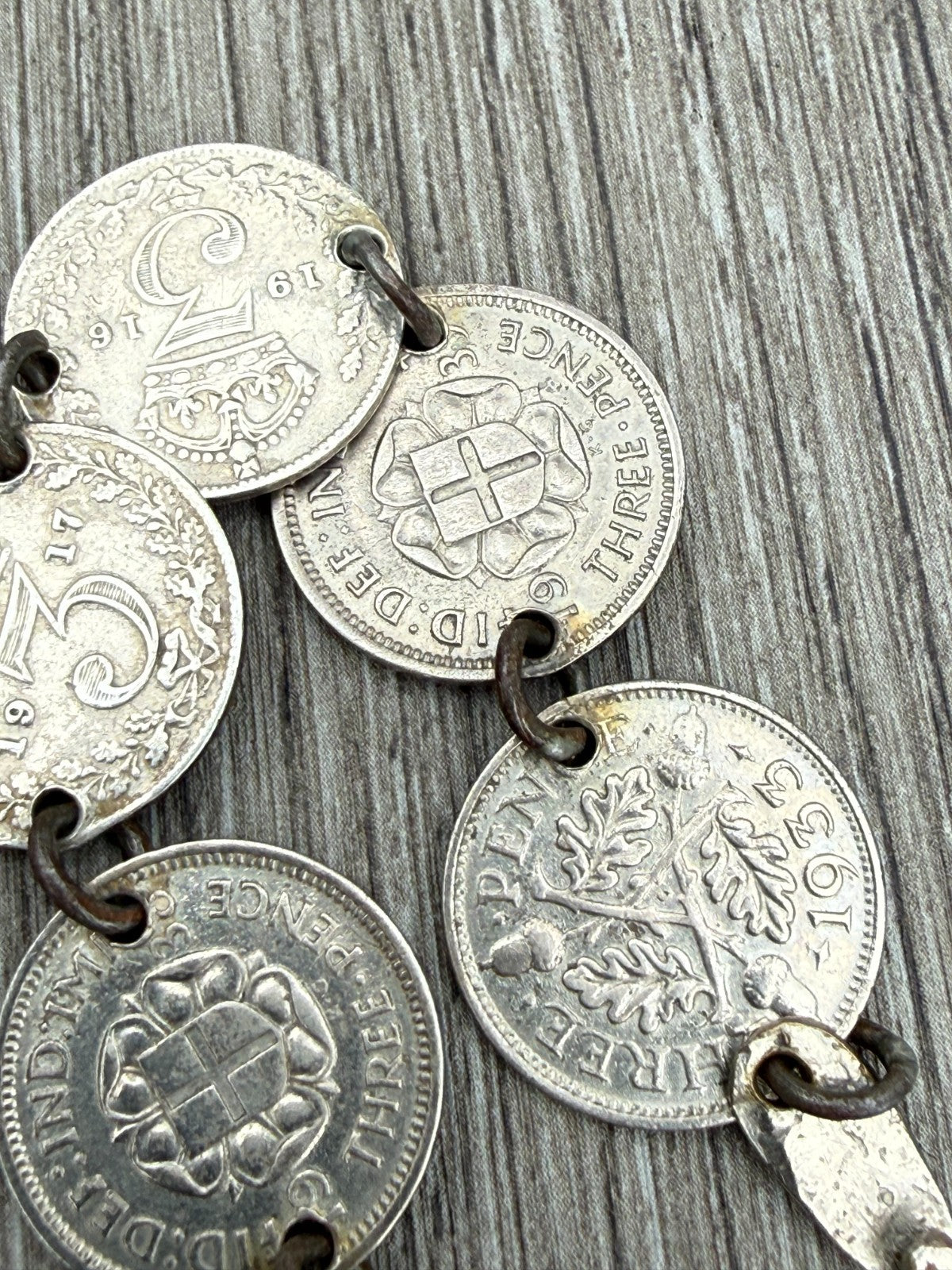 Vintage Silver Three Pence Coin Bracelet Mixed 1916-1938 Threepence 17cm Long