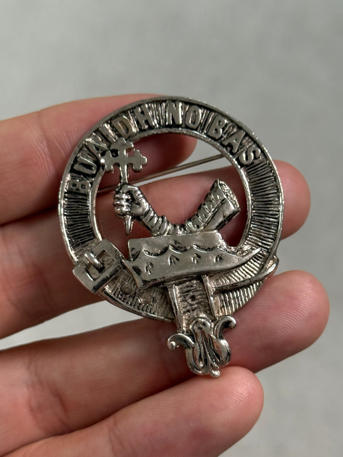 Vintage Clan MacDougall Brooch Silver Tone Scottish Buaich No Bas Motto Badge
