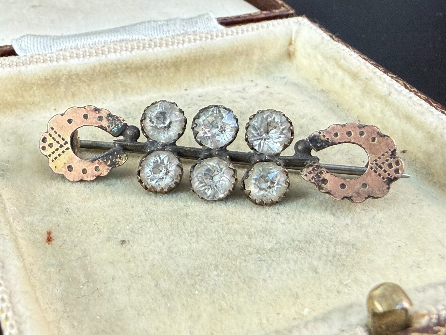Antique Edwardian Paste Bar Brooch Lucky Horseshoe Pin Rose Gold Rhinestone