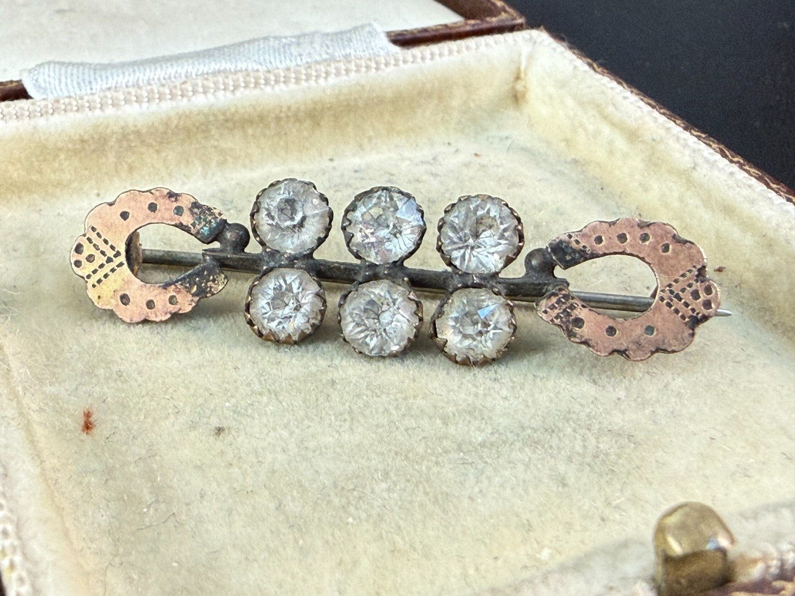 Antique Edwardian Paste Bar Brooch Lucky Horseshoe Pin Rose Gold Rhinestone