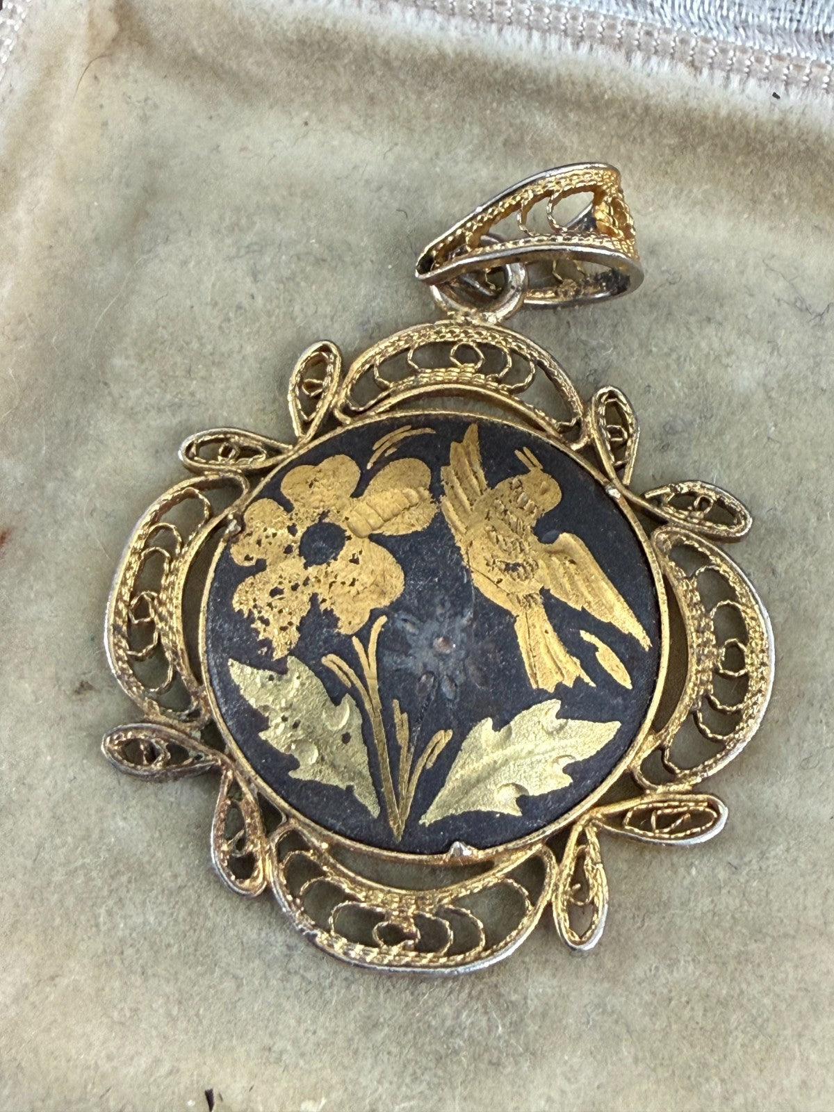 Vintage Damascene Pendant Gold Tone Filigree Bird Floral Spanish Toledo