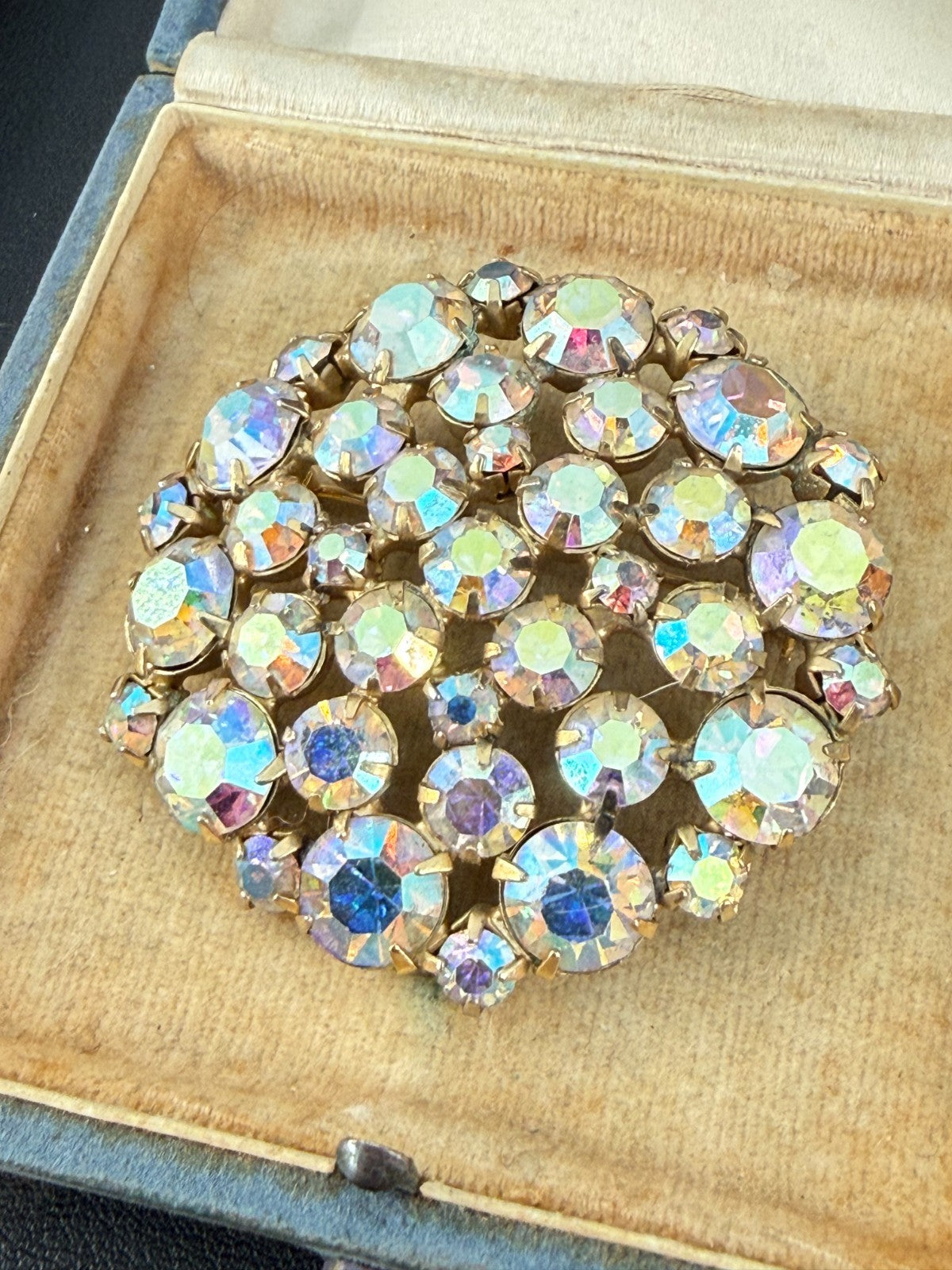 Vintage Aurora Borealis Rhinestone Brooch Cluster Gold Tone Pin 1950s 1960s