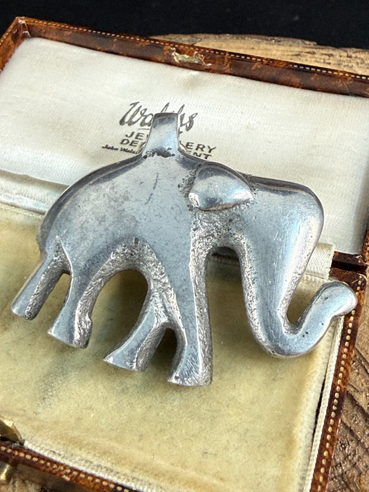 Vintage Elephant Pendant Trunk Up Lucky Charm Large Heavy Cast Silver Tone