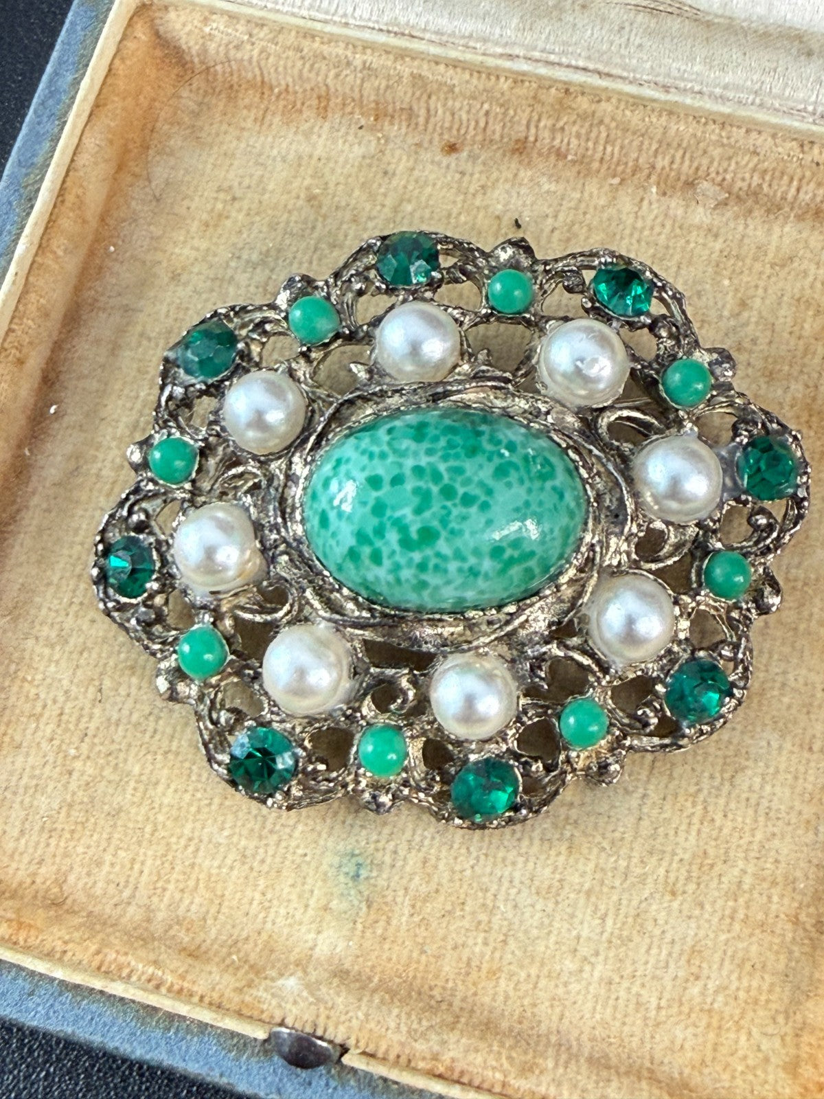 Vintage Hollywood Brooch Green Glass Faux Pearl Rhinestone Gold Tone Pin