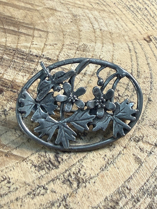 Vintage MASJ Silver Scenes Floral Brooch Pin Plated Pewter Oval Flower Geranium