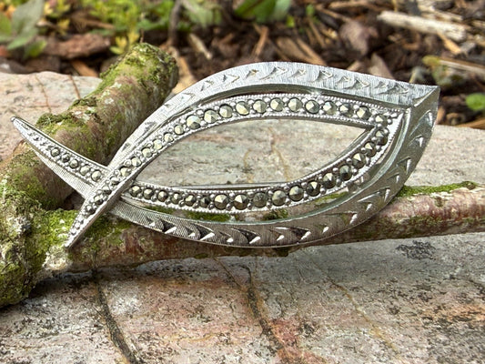Vintage Sphinx Brooch Silver Tone Diamond Cut Pin Signed Marcasite Sparkly