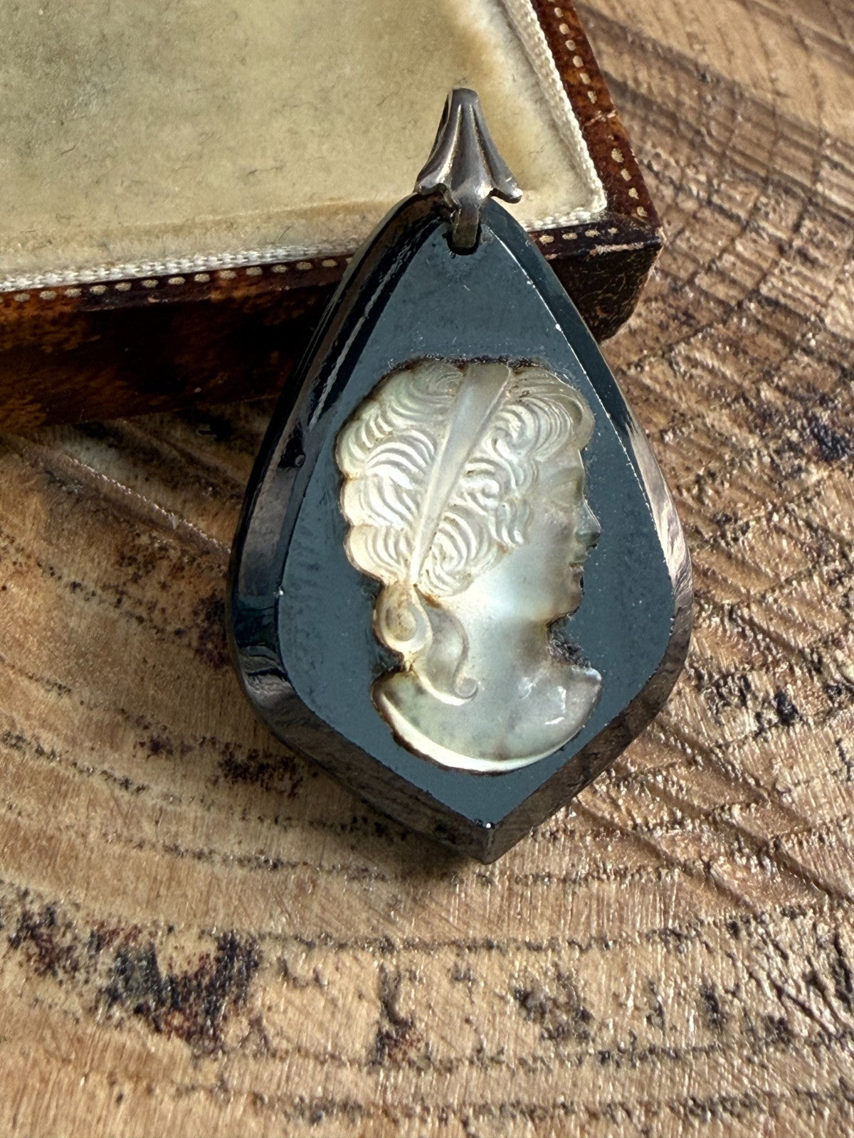 Vintage Hematite Glass Cameo Pendant Classical Female Portrait Silver Tone