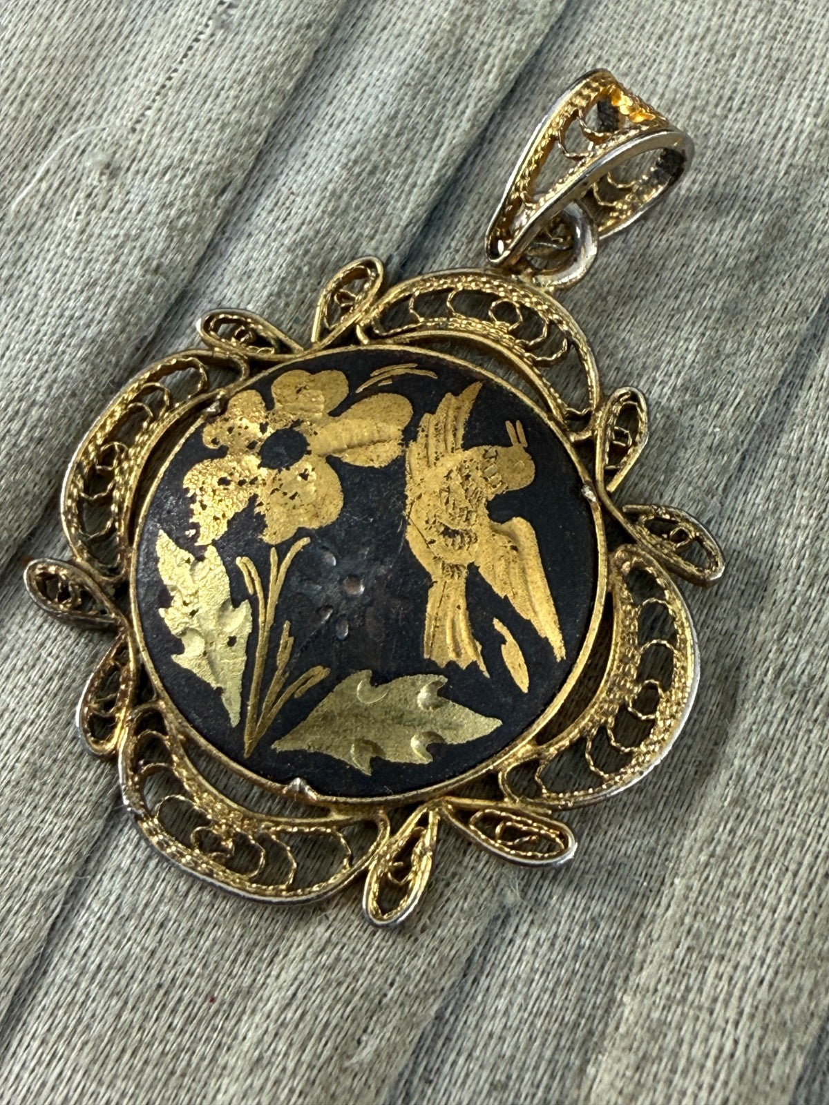 Vintage Damascene Pendant Gold Tone Filigree Bird Floral Spanish Toledo