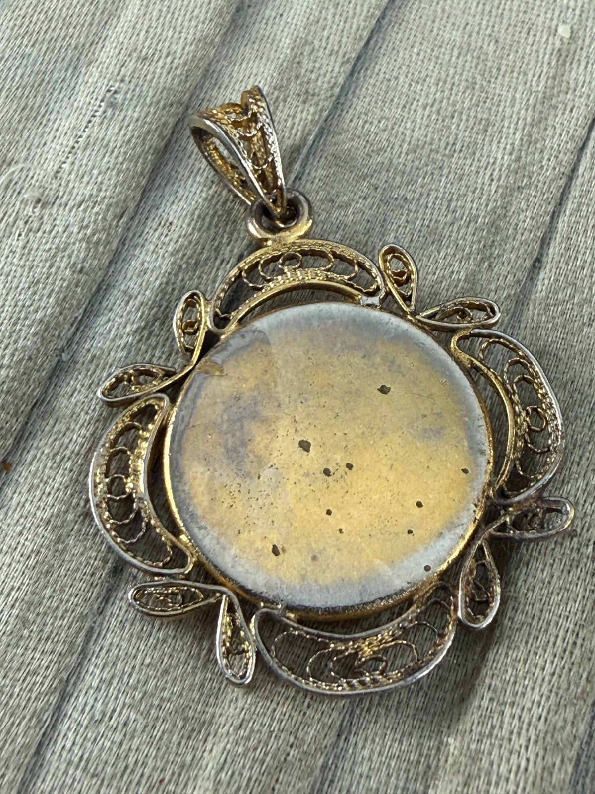 Vintage Damascene Pendant Gold Tone Filigree Bird Floral Spanish Toledo