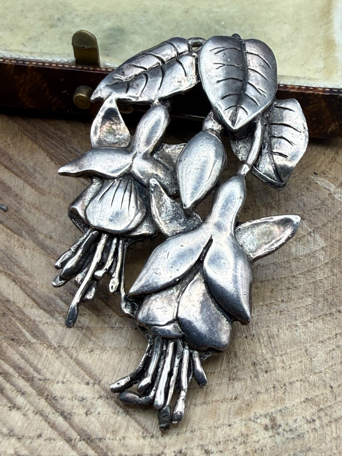 Vintage Fuchsia Brooch Pewter MASJ Silver Tone Statement Pin Signed Floral Welsh
